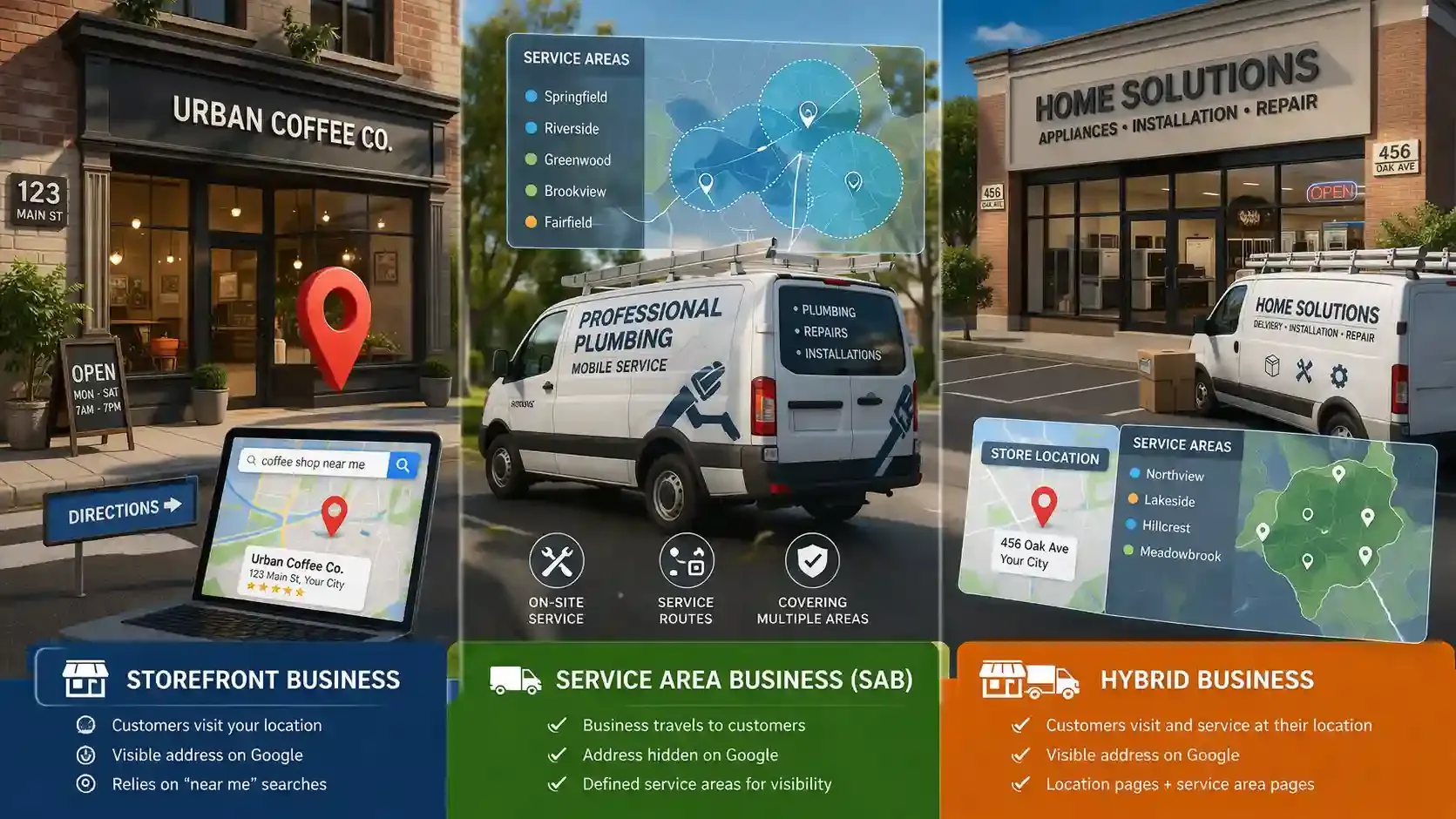 Comparison of storefront, service area, and hybrid business models